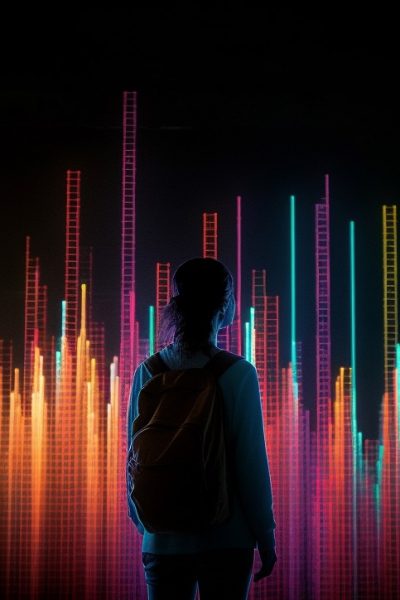 Futuristic silhouette dancing in glowing nightclub lights generated by artificial intelligence