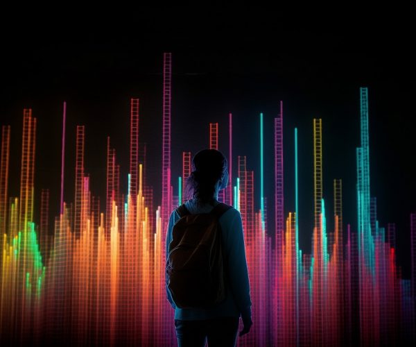 Futuristic silhouette dancing in glowing nightclub lights generated by artificial intelligence